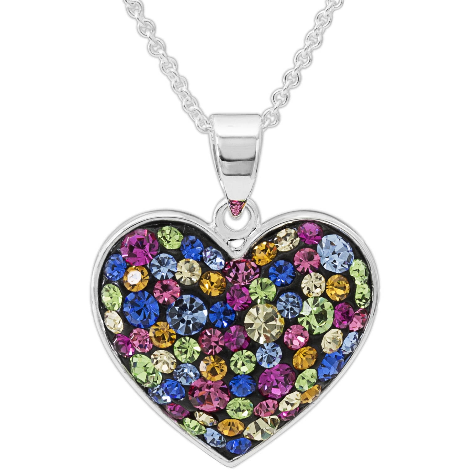 Rainbow Crystal Fine Silver-Tone Heart Pendant with Chain