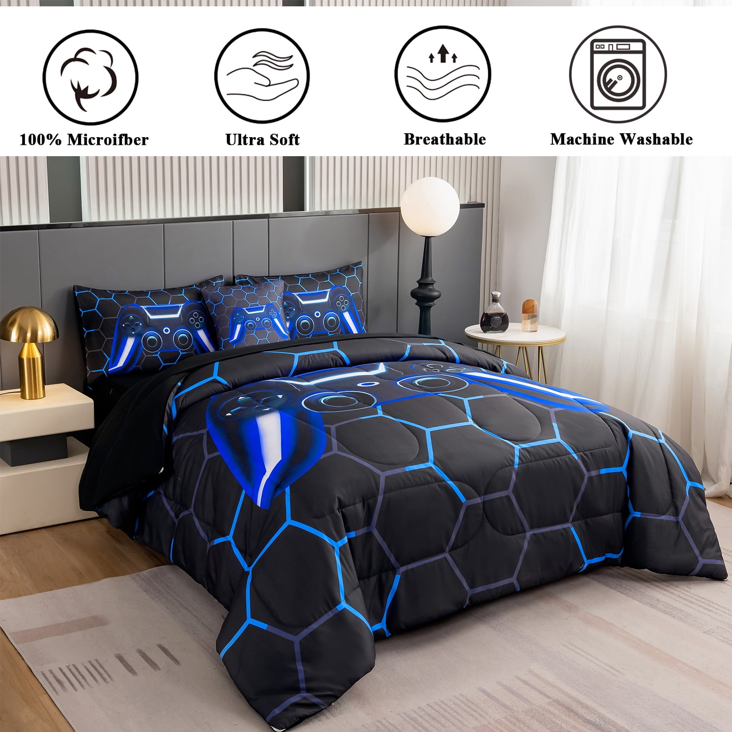 RYNGHIPY Blue Game Controller Bed in a Bag Comforter Set Queen Size for Boys Kids Teens Girls 6Pcs Video Game Buttons Bedding Set for Gamer Room Decor (Blue, Queen)