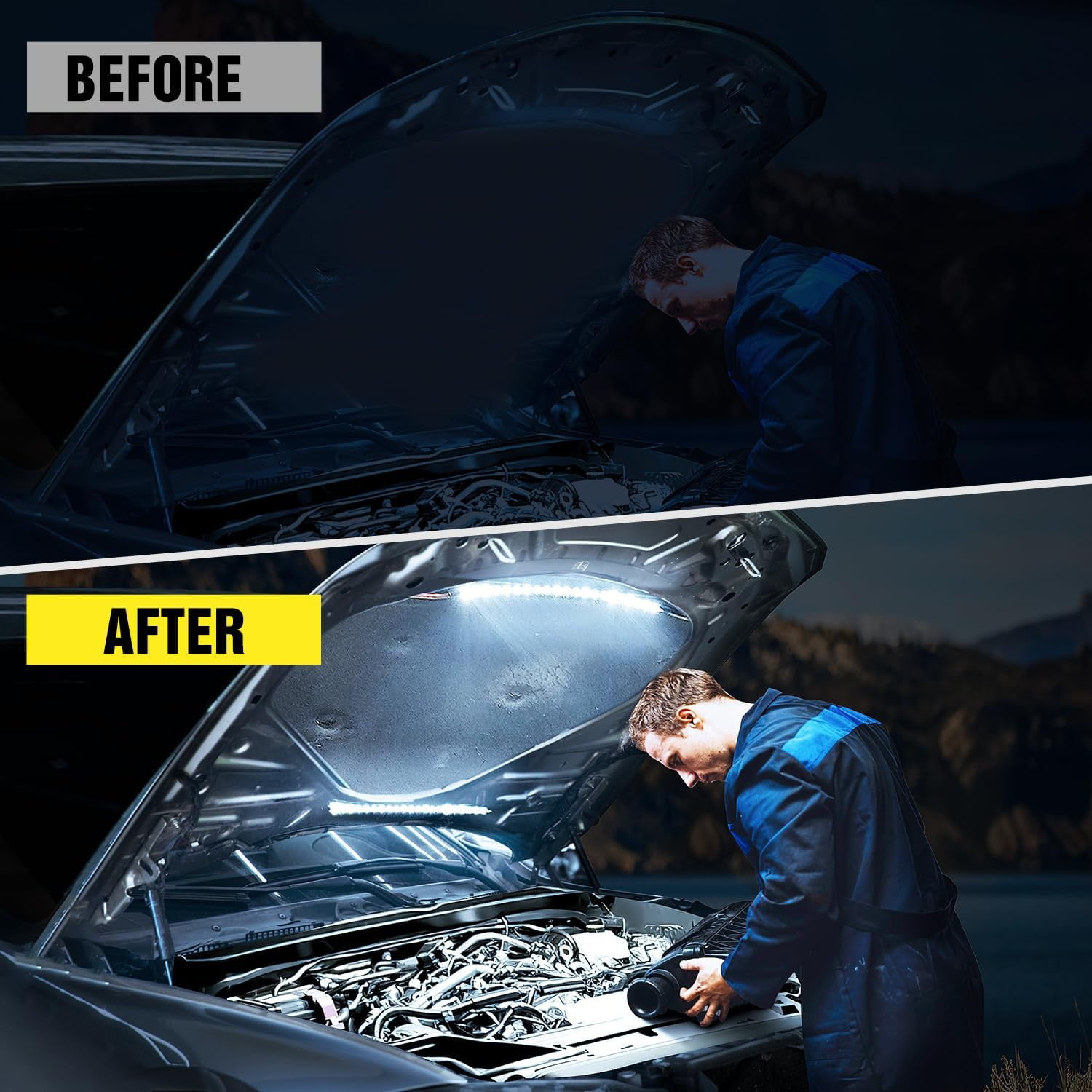 Nilight 2PCS Under Hood LED Light Strip 40cm Waterproof Engine Bay Work Light with Auto/Manual Switch 12V for Car Truck