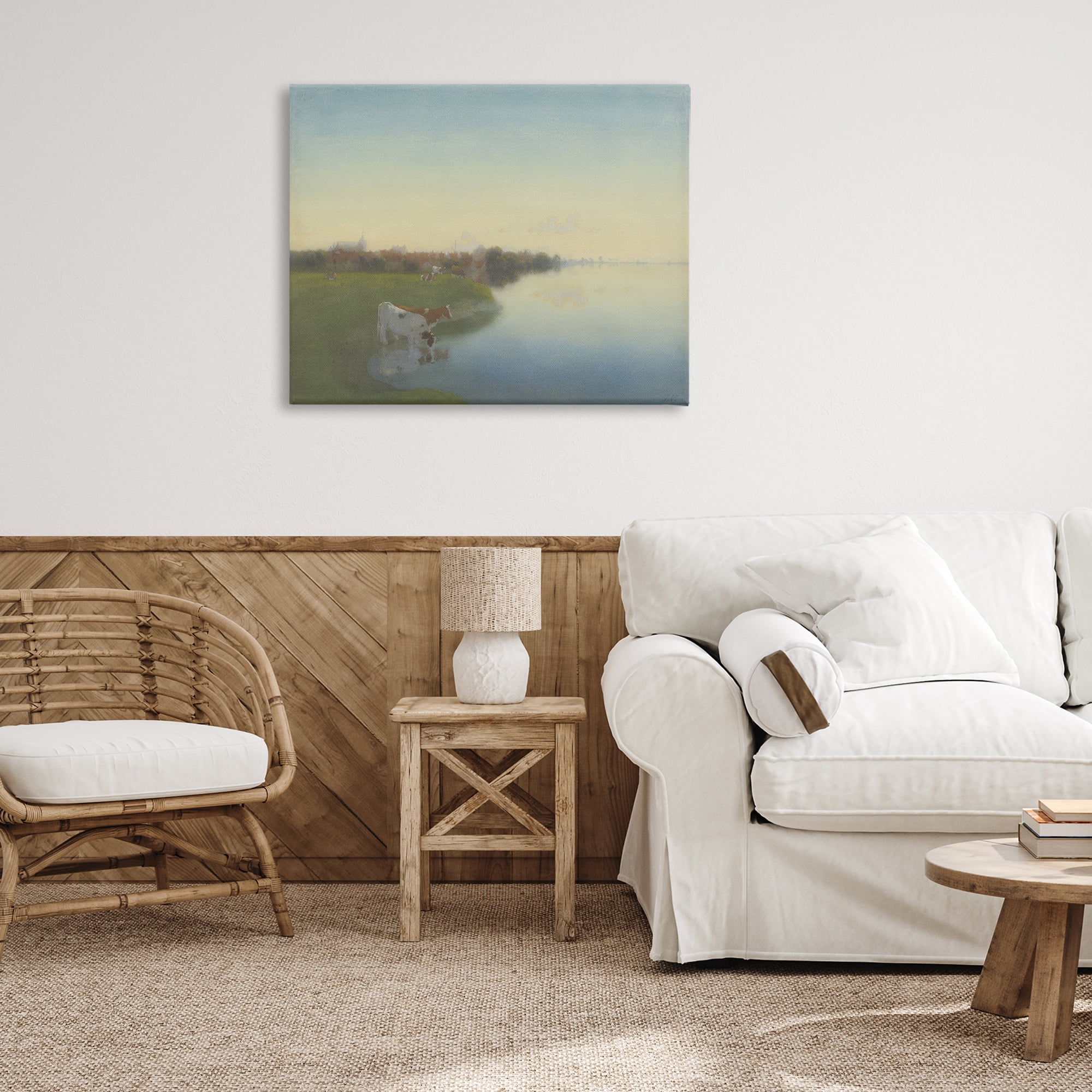 Stupell Industries Cows in Serene Shore Landscape & Nature Painting Wrapped Canvas Art Print Wall Art, 40 x 30