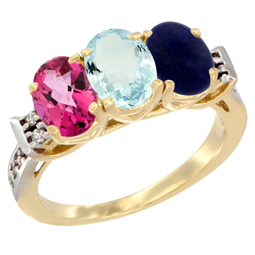 14K Yellow Gold Natural Pink Topaz, Aquamarine & Lapis Ring 3-Stone 7x5 mm Oval Diamond Accent, sizes 5 10 by WorldJewels
