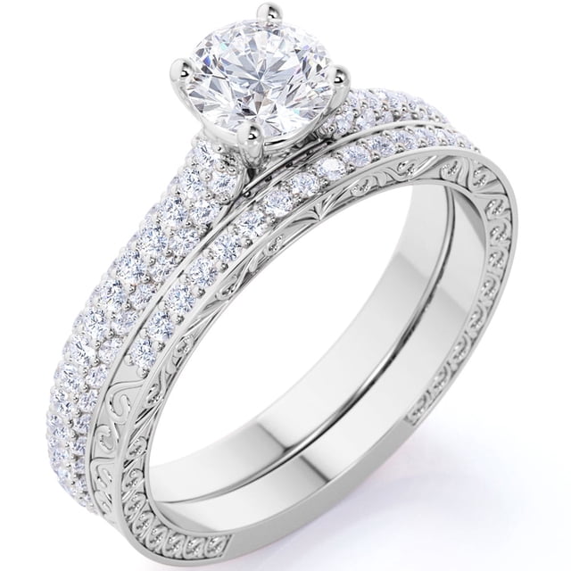 JeenMata Conjunto Nupcial de Moissanita de Corte Redondo de 1,5 Quilates - Conjunto Nupcial - Anillo de Filigrana - Anillo de Racimo - Oro Blanco de 18 K sobre Plata