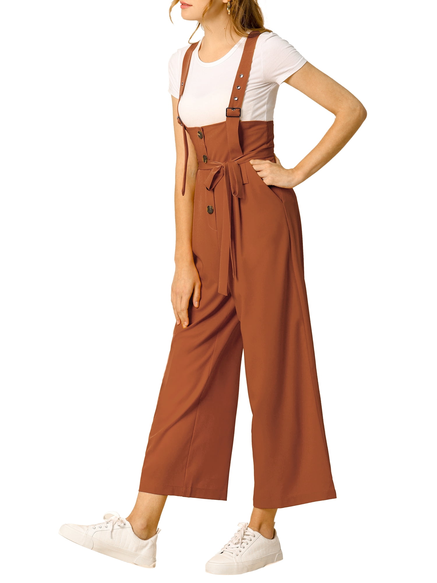 DARING DIVA Women's Button Front High Waist Belted Overall Jumpsuit L Brown