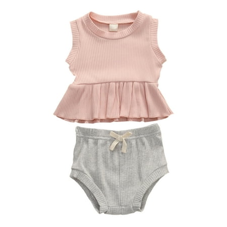 

ZIYIXIN Toddler Baby Girl Summer 2PCS Clothes Solid Knitted Sleeveless Shirt Short Pants Outfits Sets Pink 6-12 Months