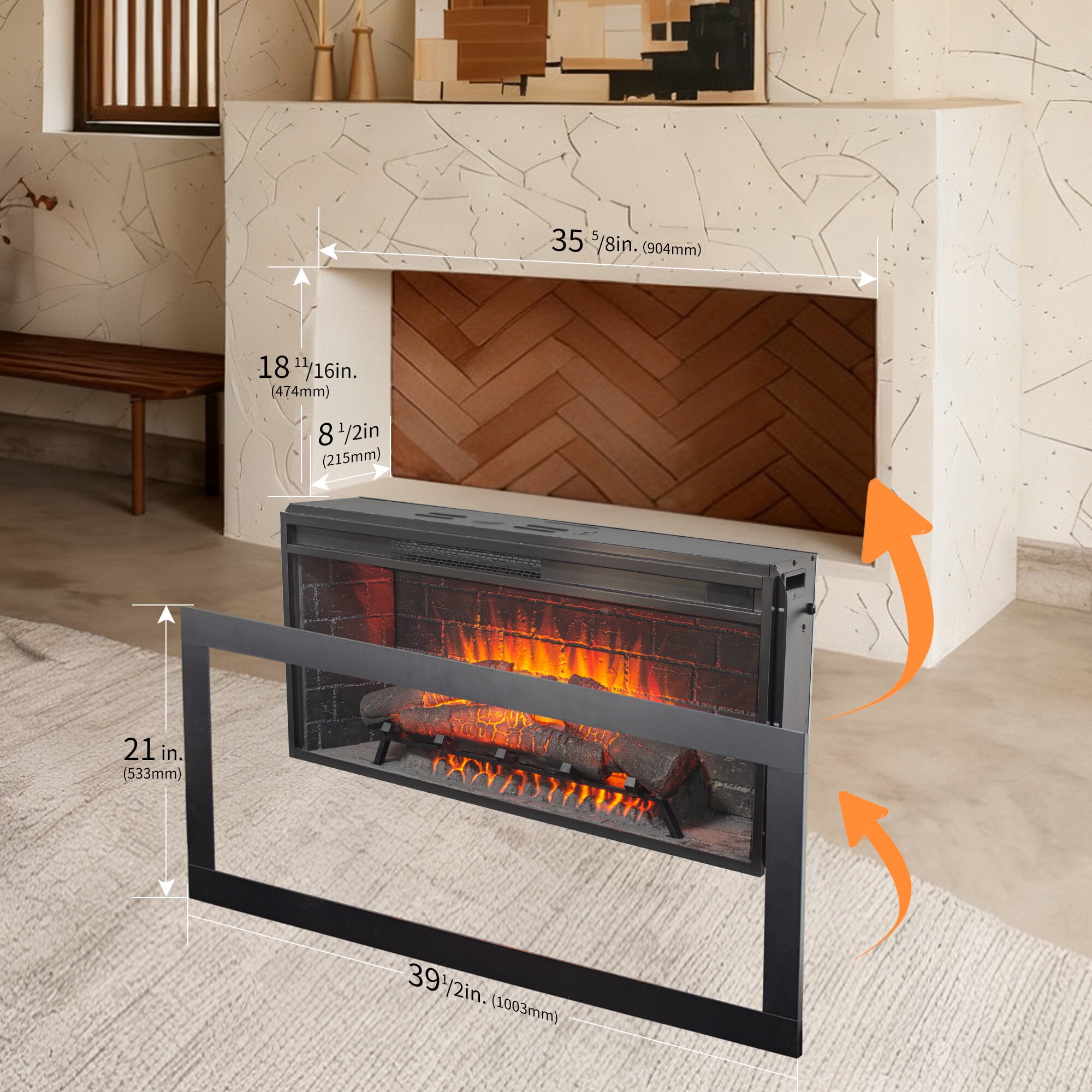 Electric Indoor Fireplaces, 36 inch Infrared Electric Fireplace with Removable Trim kit Insert, Touch Panel Home Decor Heater, Antique Black Indoor Fireplaces,Fireplace Tools Set