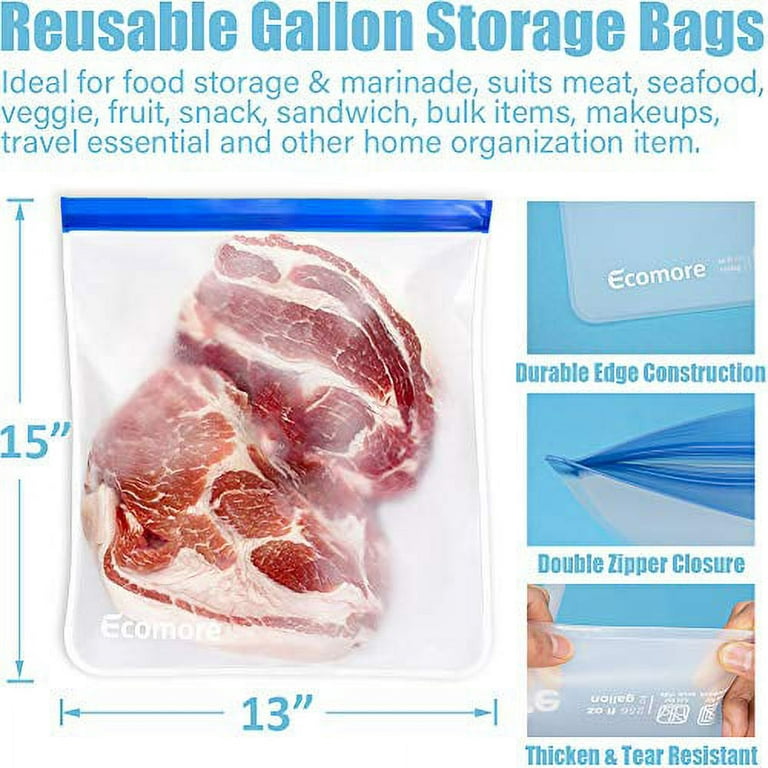 ecodoor 2 Gallon Size Reusable Freezer and Storage Bags Set of 4, Extra Thick Extra Large FDA Grade Ziplock Bags, Freezer Safe, Food S