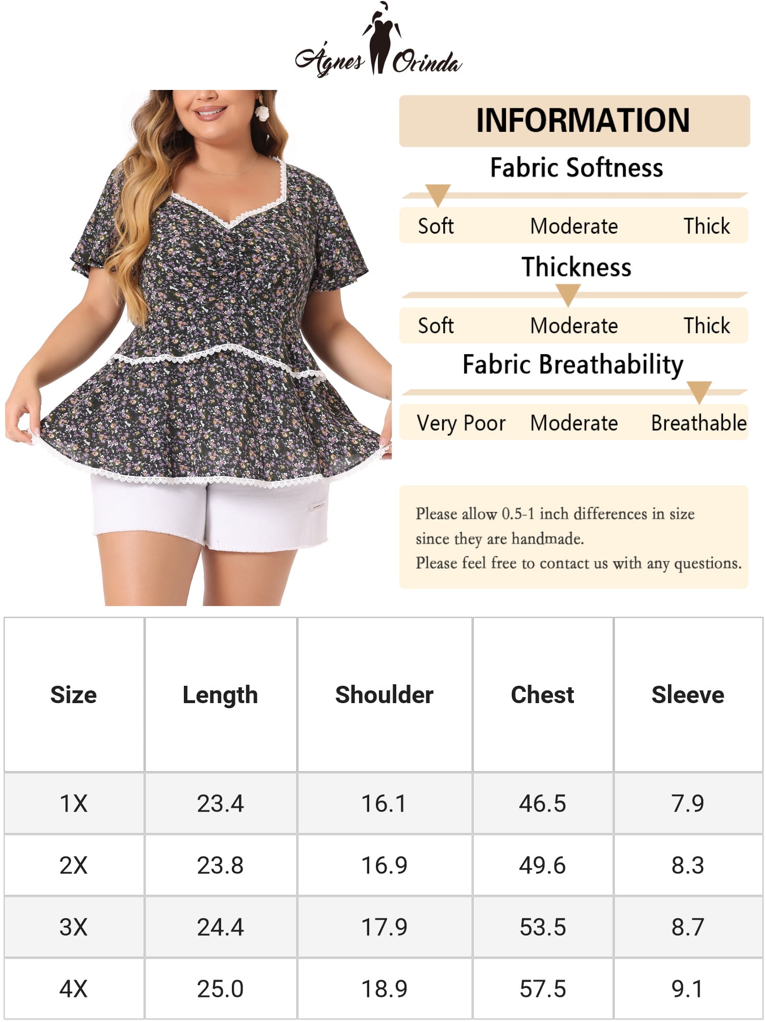 DARING DIVA Women's Plus Tiered Floral Babydoll Blouse with Short Sleeves 2X Black