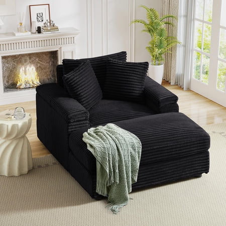 FFH Oversized Accent Chair with Ottoman for Living Room, Bedroom, Corduroy Lounge Chair with Ottoman, Chaise Lounge Indoor, Black