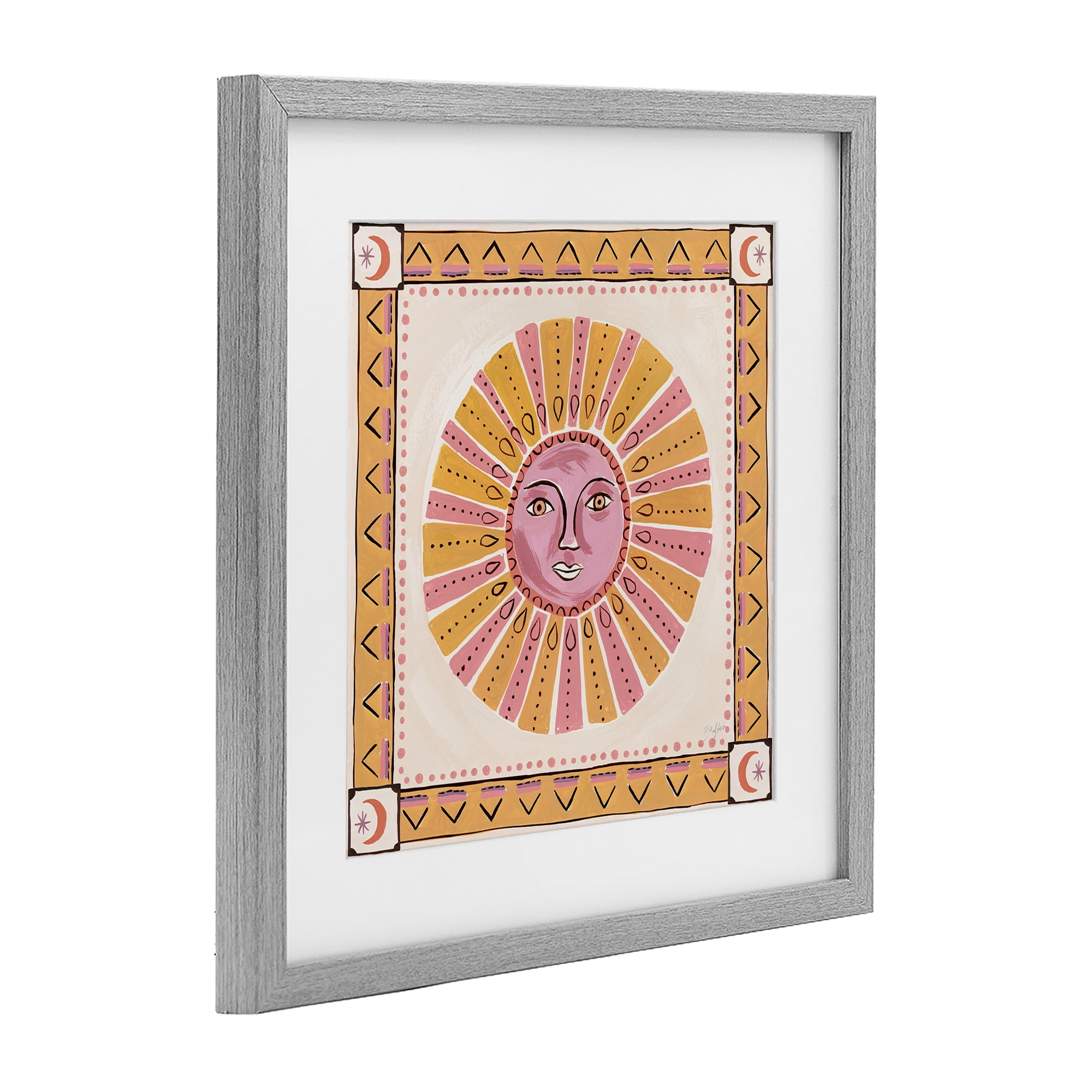 Stupell Industries Pink Sun Face with Geometric Border Gray Framed Print Under Glass, design by Two If By Sea Studios
