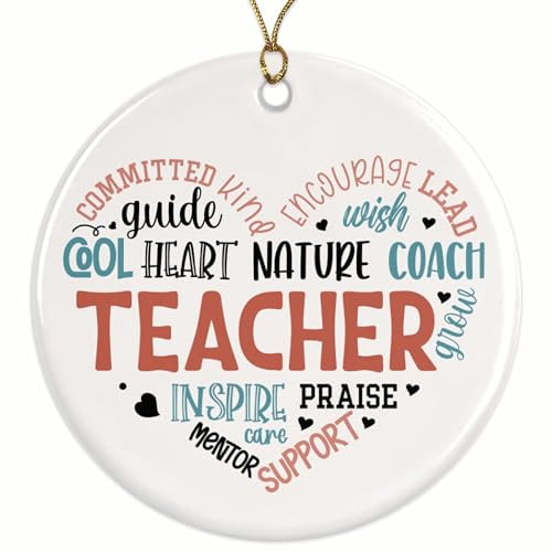 Teacher Heart Christmas Ornament - Heartfelt Teacher Appreciation Mug - Educator - Ceramic Christmas Ornament - 2.8" Round - Gold String Included - BMCO0772