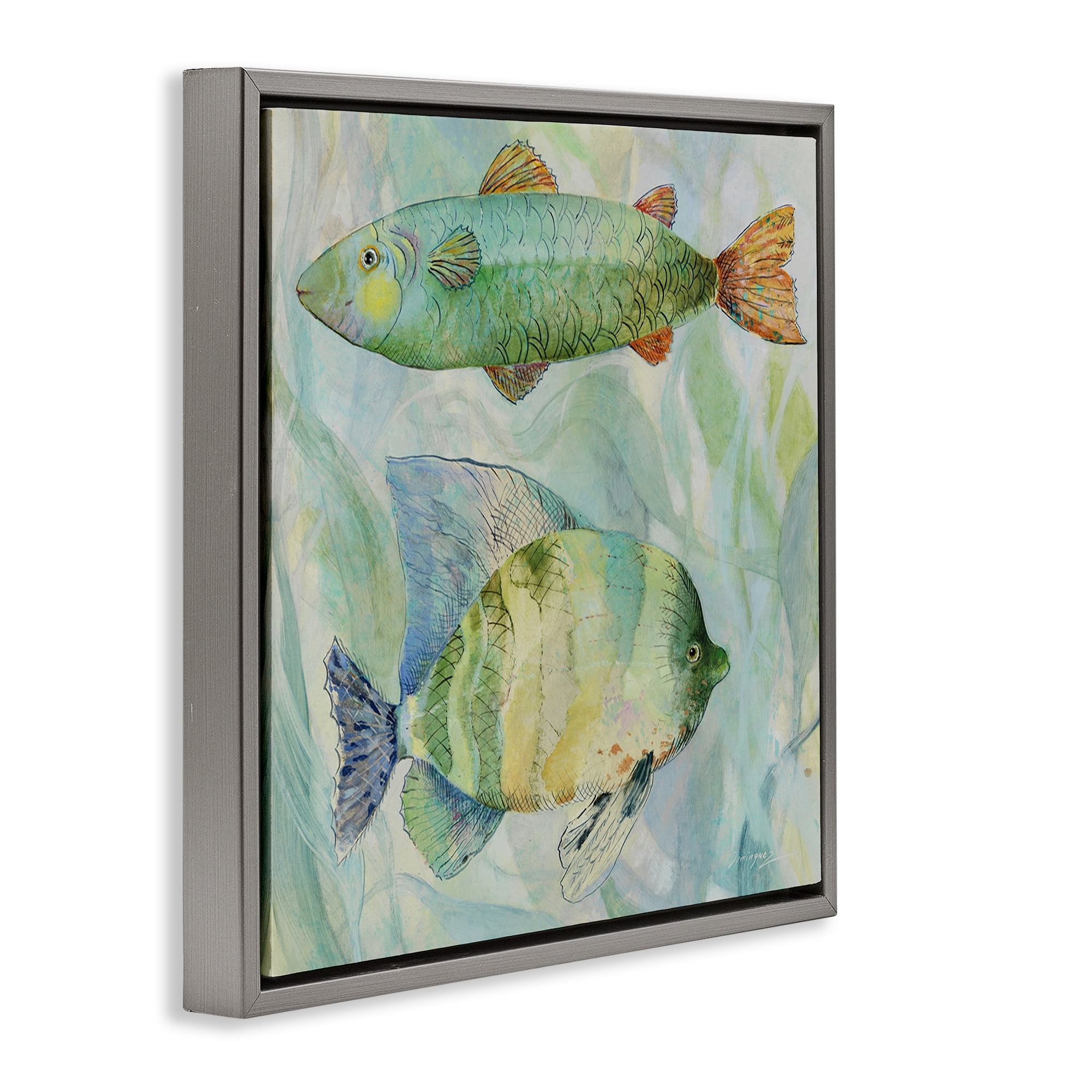 Stupell Industries Sweet Fish Duo Watercolor Gray Framed Floater Canvas Wall Art, design by Lorenzo Collective