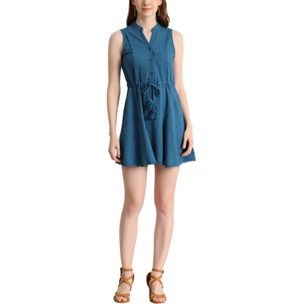INSPIRE CHIC Vestidos sin mangas para mujer con escote en V y borde de encaje, vestido A-line XL azul lago