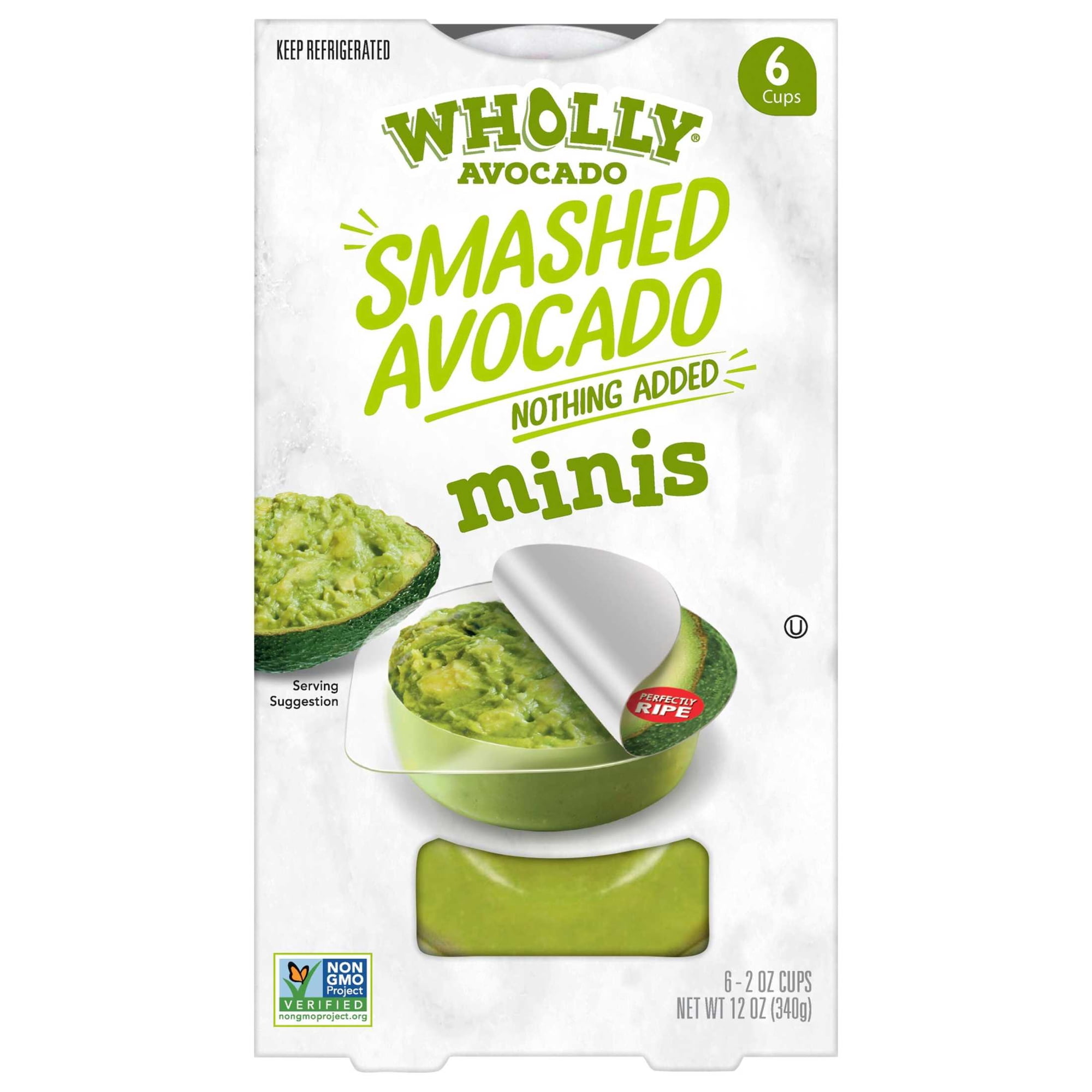 Wholly Avocado Smashed Avocado Minis, 2 oz Plastic Cup (Pack of 6), 100% Hass Avocados, Ready-to-Eat Avocado Cups, Refrigerated