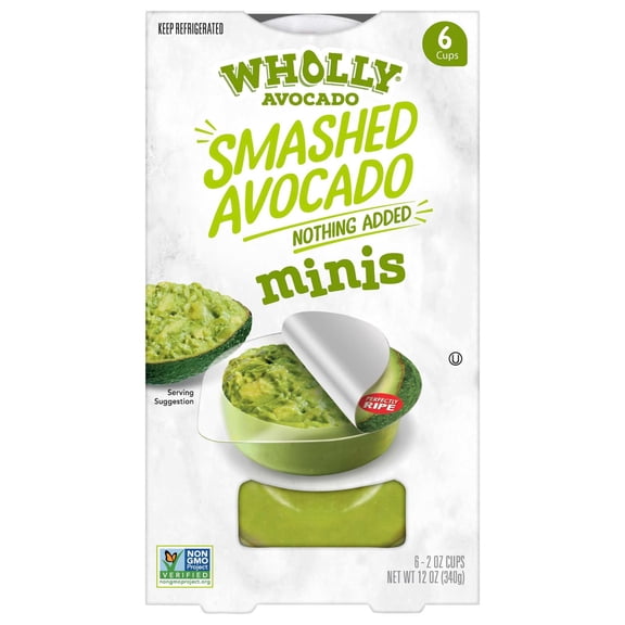 Wholly Avocado Smashed Avocado Minis, 2 oz Plastic Cup (Pack of 6), 100% Hass Avocados, Ready-to-Eat Avocado Cups, Refrigerated