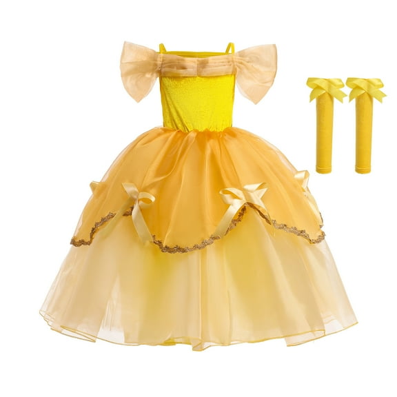 Girls Belle Princess Cosplay Dress Set Halloween Off Shoulder Costume 3-8T