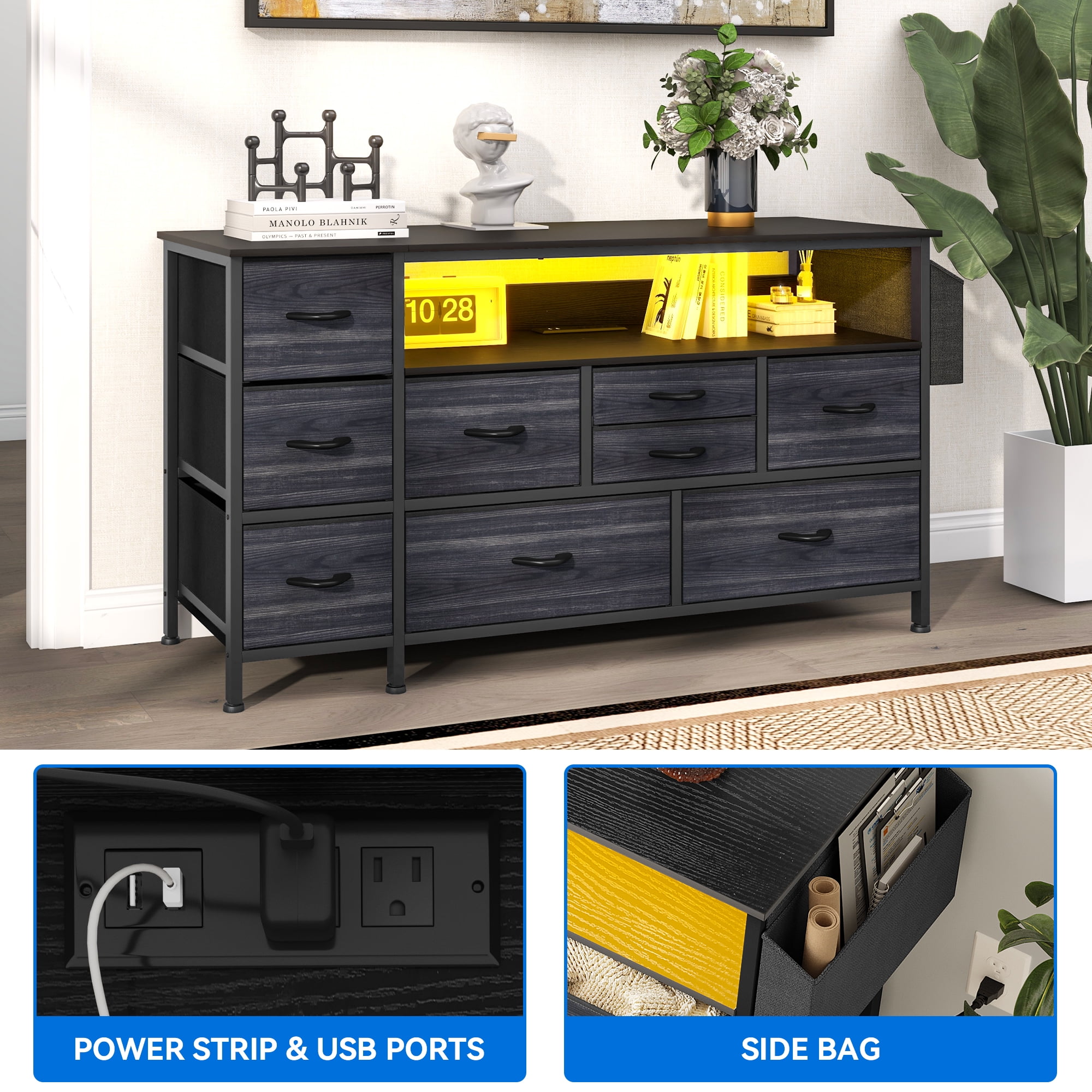 Uforic 9-Drawer Dresser for Adults, TV Stand with Power Outlet for 55'' TV, Side Pockets & Hooks