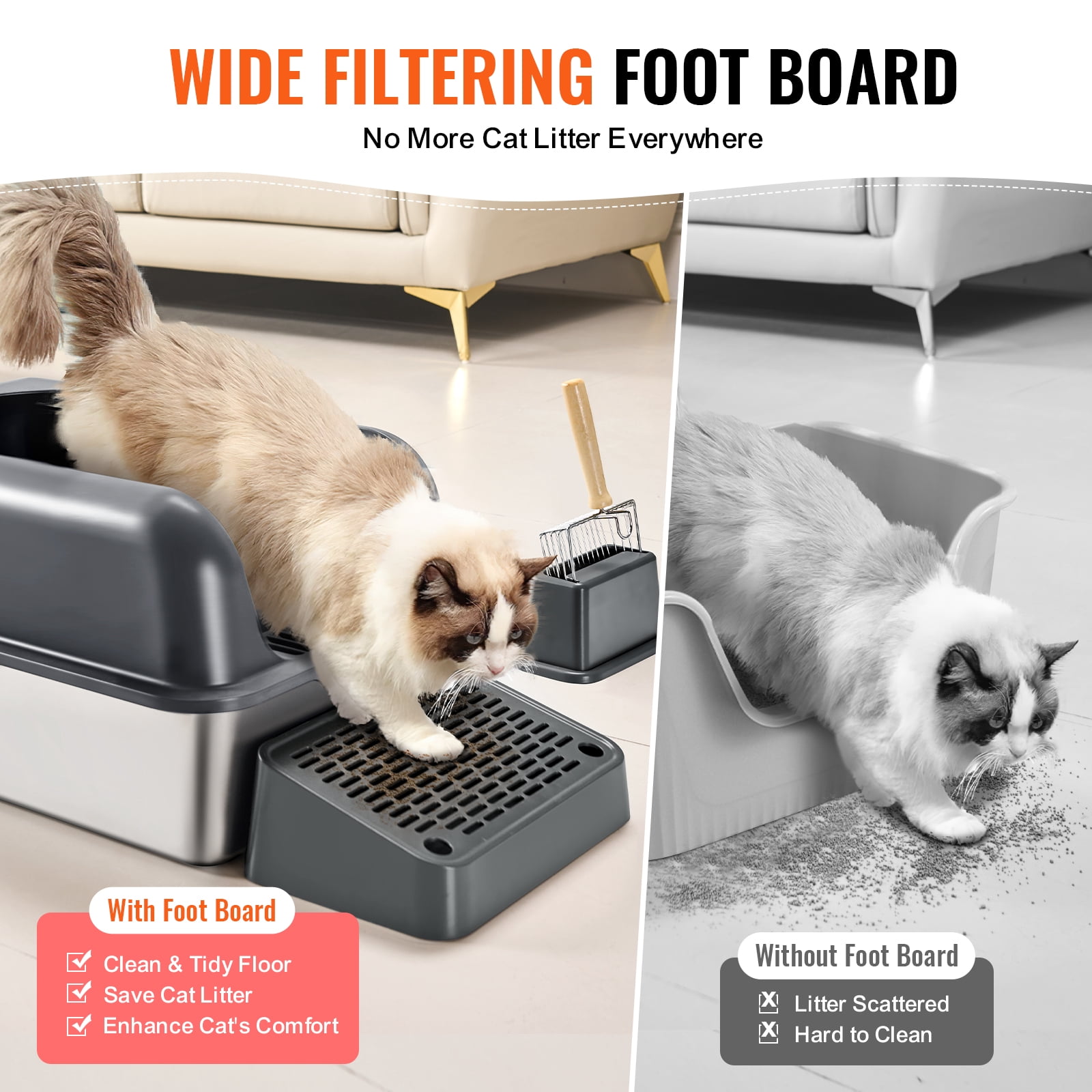 VEVOR Cat Litter Box, 6 inches Deep, XL Extra Large Stainless Steel Cat Litter Box with Scoop, Wide Filtering Foot Board & High Sides, Enclosed Odor-Free Easy-to-Clean Litter Box, Fit for Big Cats