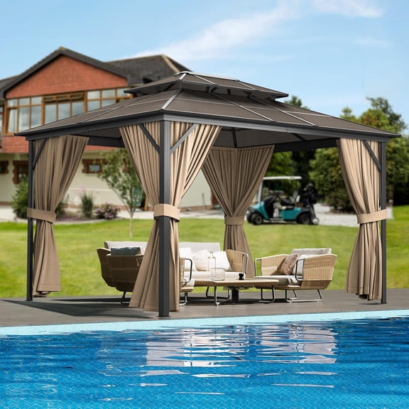 10' x 13' Hardtop Aluminum Gazebo, Double Roof Outdoor Pergola with Sunshade Canopy, Netting & Curtains, Heavy Duty All-Weather Shelter for Patio, Garden, Deck, Poolside, Khaki