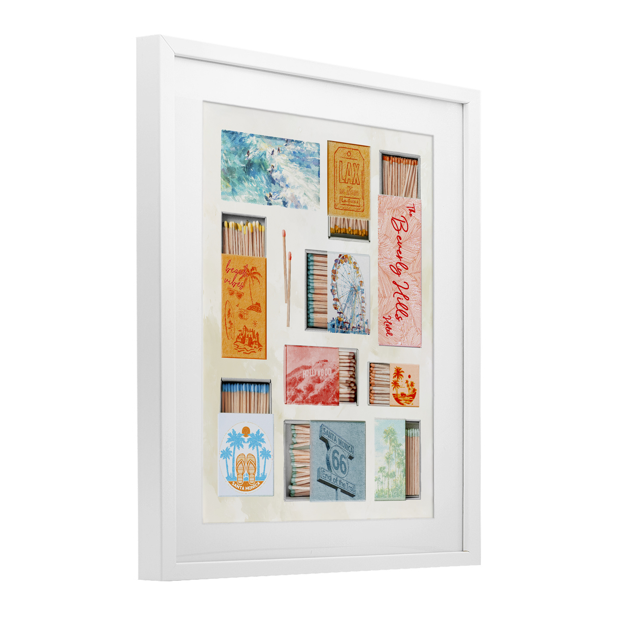 California Beach Matchboxes White Framed Print Under Glass, design by Ziwei Li