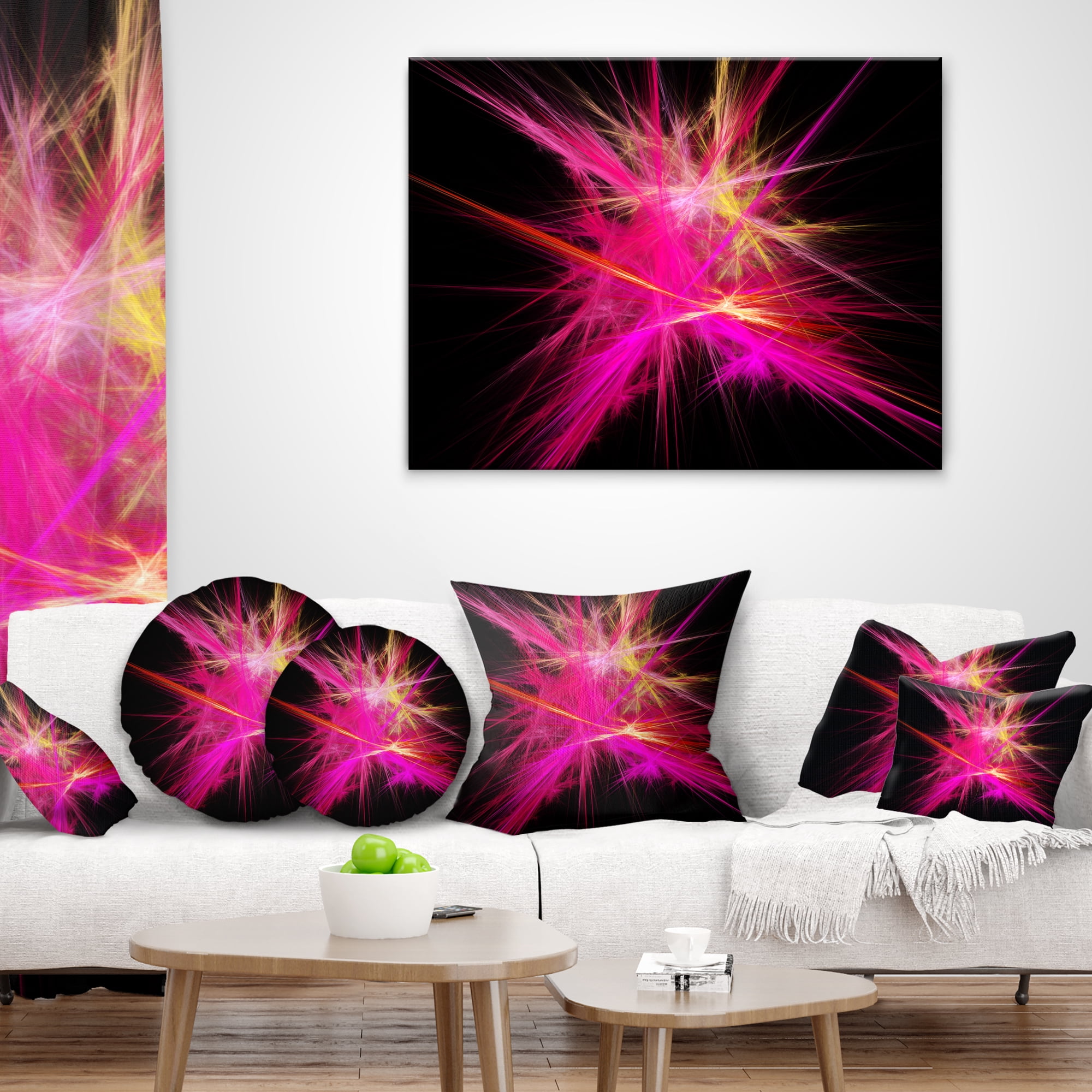 Designart Pink Fractal Chaos Multicolored Rays - Abstract Throw Pillow - 18x18
