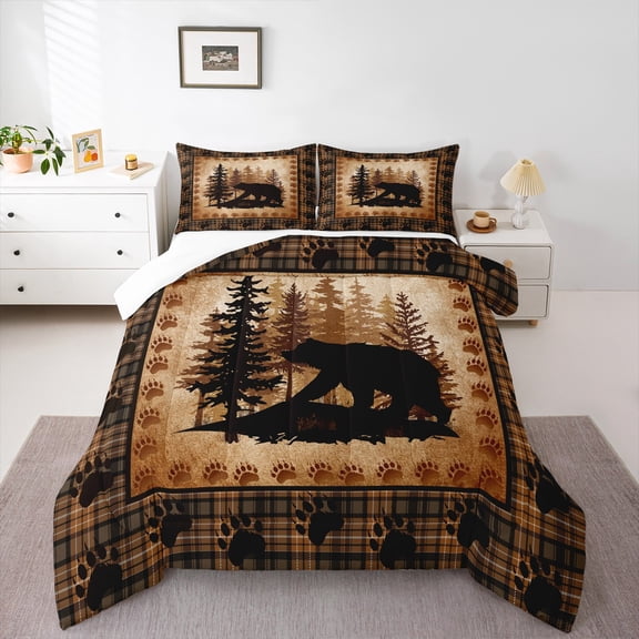 Bear Print Comforter Set Twin Size,Animal Hunt Pine Trees Retro Bedding Set for Women Adult,Rustic Grid Plaid Cabin Decor Luxury Bed Duvet Insert