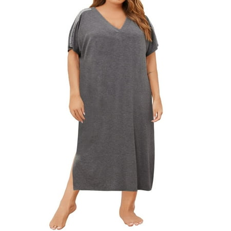 

Langwyqu Women Plus Size V-Neck Short Sleeve Loose Sleeping Dress Nightgown