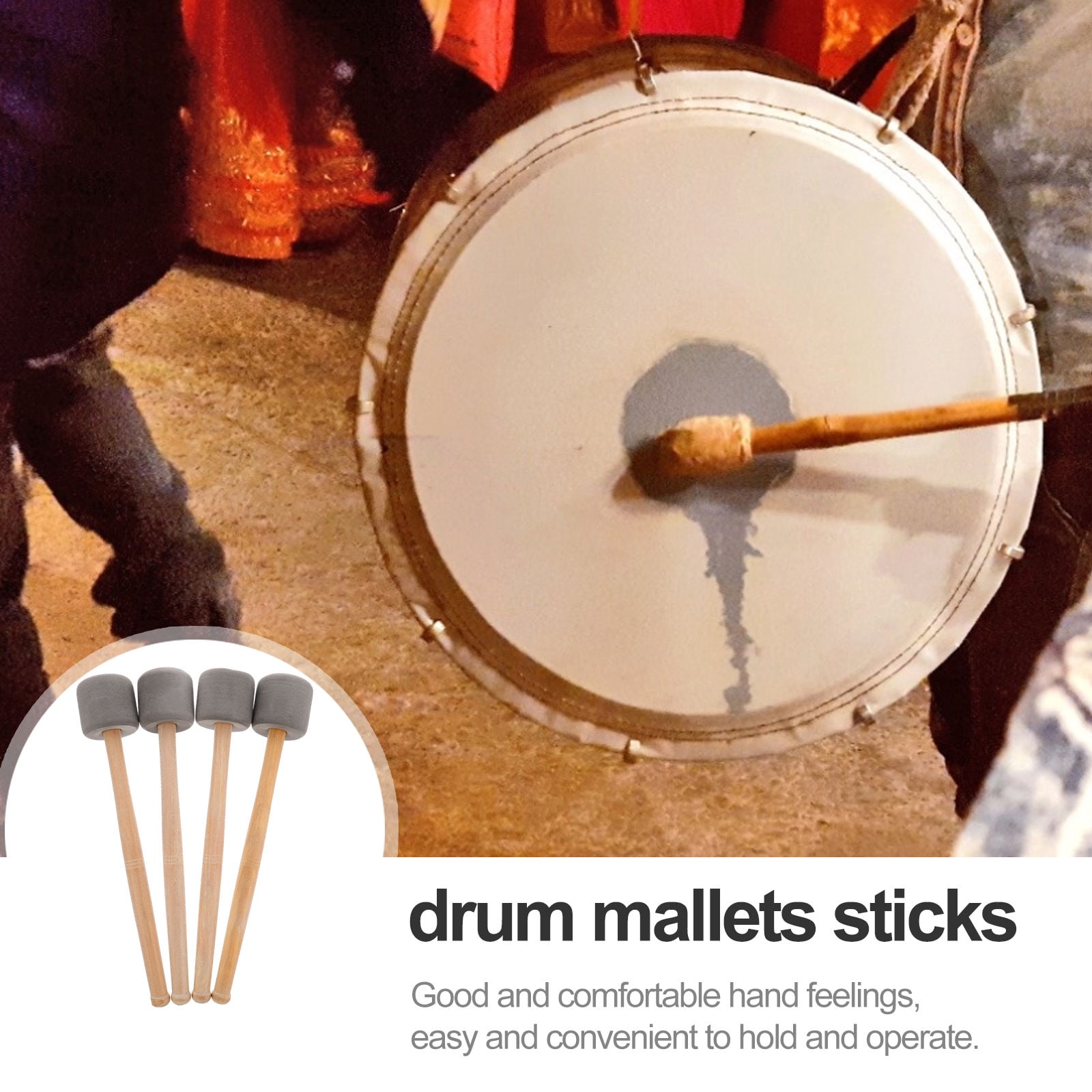 QIFULL 4Pcs Bass Drumsticks Ergonomic Drumstick Set with Grey Foam and Wood for Music Performance