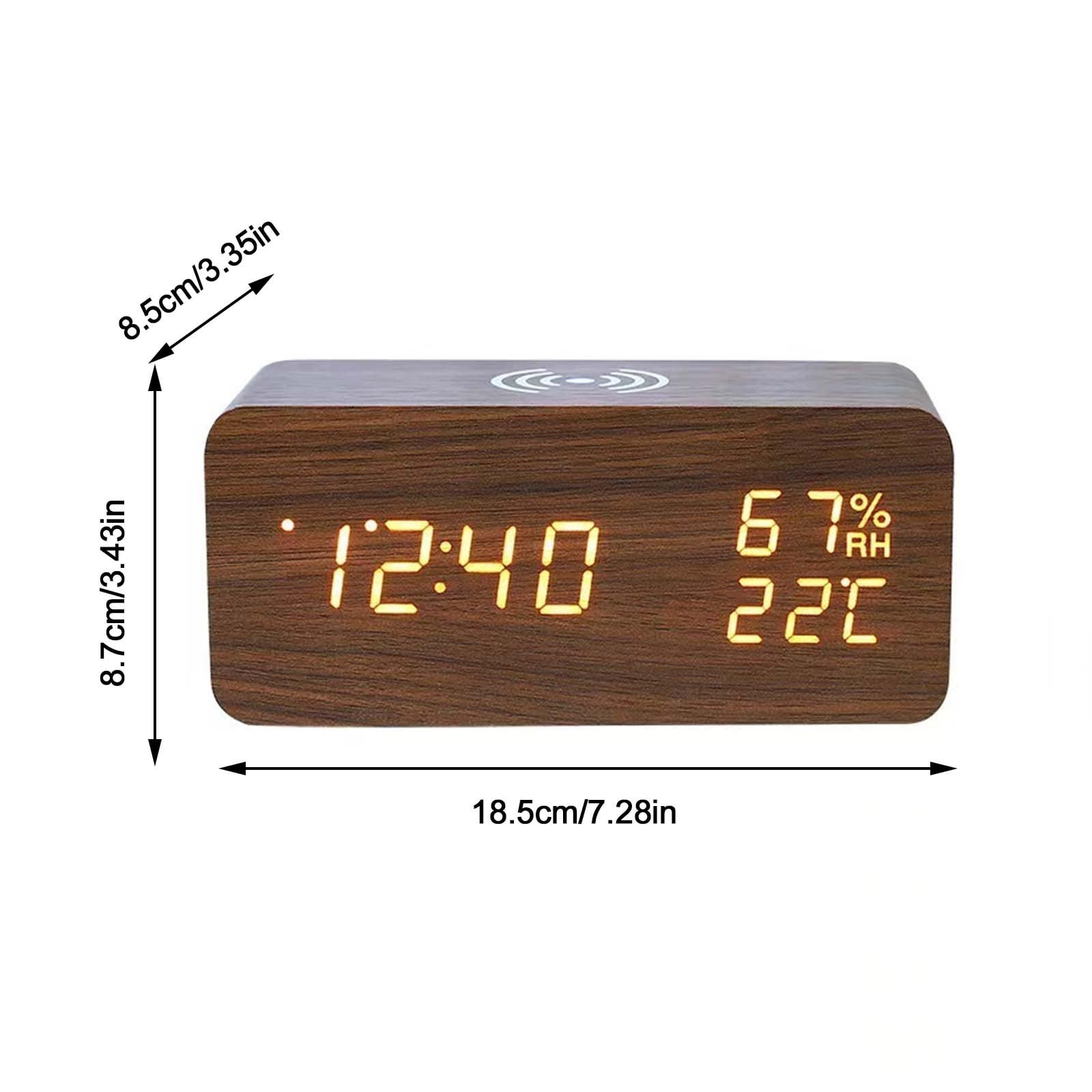 Wooden Digital Alarm Clock with Qi Wireless Charger, Large LED Display, Temp & Date for Bedroom Nightstand