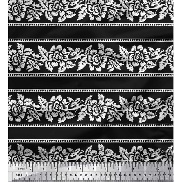Soimoi Poly Georgette Fabric Leaves & Floral Block Printed Fabric 1 Yard 42 Inch Wide