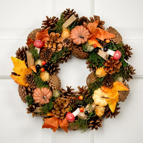 Northlight Pumpkins and Mushrooms Small Artificial Fall Harvest Wreath - 13" - Unlit