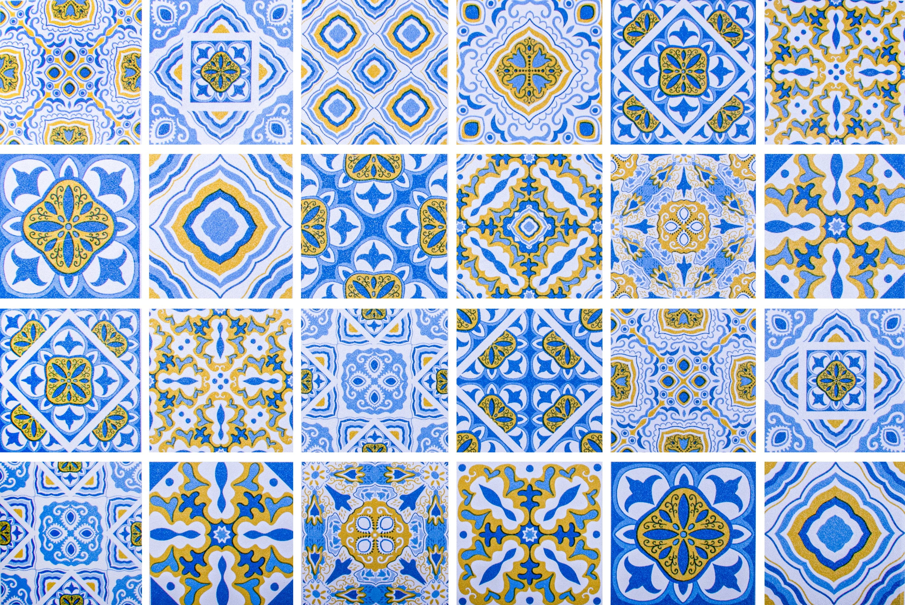 Dundee Deco Peel and Stick Self Adhesive Wallpaper - Blue Gold White Shapes in Squares, 18 ft x 24 in
