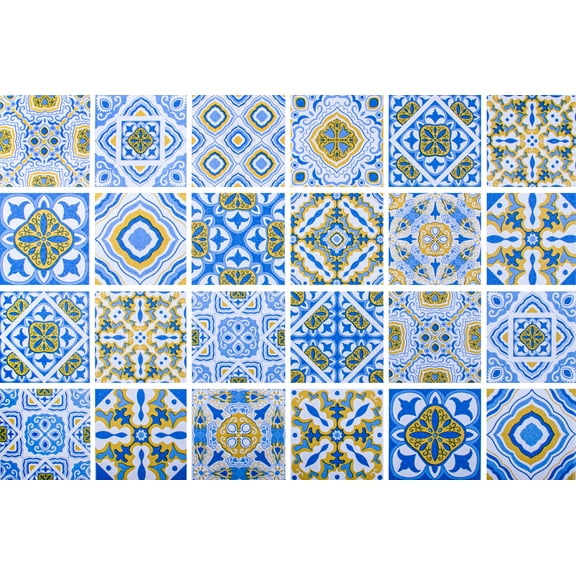Dundee Deco Peel and Stick Self Adhesive Wallpaper - Blue Gold White Shapes in Squares, 18 ft x 24 in