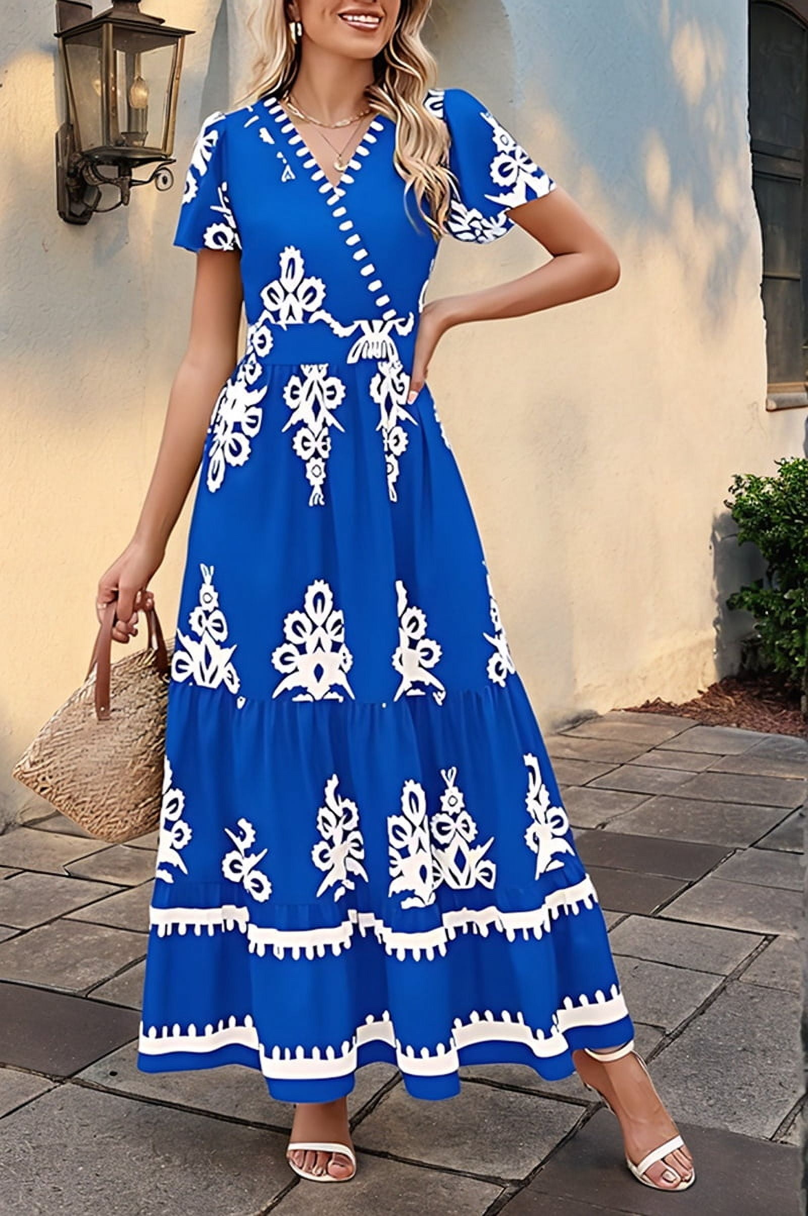 Womens 2025 Summer Casual V Neck Boho Maxi Dress Flowy Aline Bell Sleeve Tiered Floral Dresses with Pocket Blue L