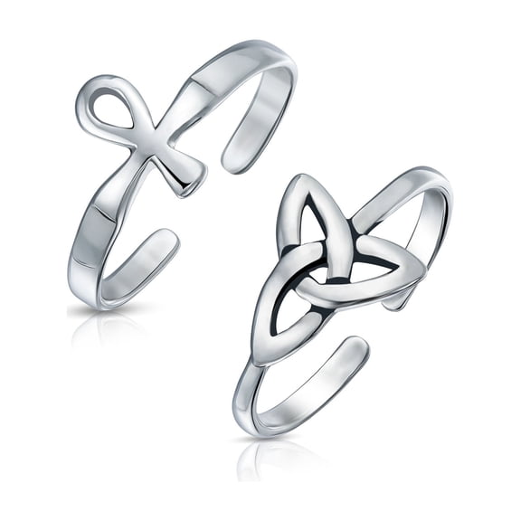 Bling Jewelry Womens Set of 2 Egyptian Ankh Cross and Celtic Trinity Knot Midi Toe Ring Silver