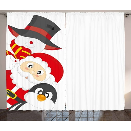 Penguin Curtain - Christmas Curtains 2 Panels Set, Friendly Happy Santa Claus Penguin Snowman Festive Holiday Design, Window Drapes for Living Room Bedroom, 108W X 108L Inches, Charcoal Grey Red White, by Ambesonne