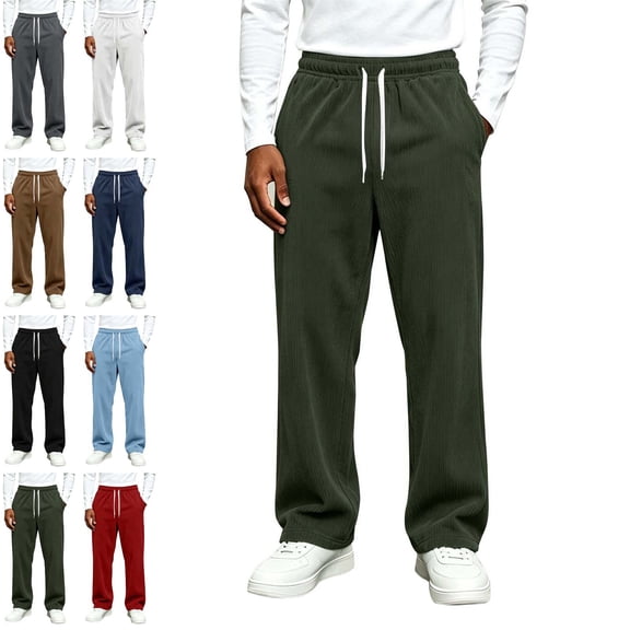 Danhjin Men's Corduroy Pants Causal Straight Leg Fall Winter High Elastic Waist with Drawstring Pants Solid Color Comfy Trousers