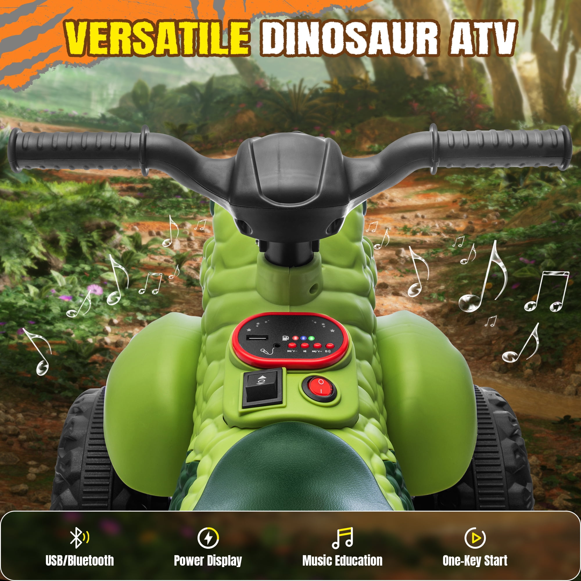 SUSIELADY 12V Kids Dinosaur Ride on ATV, Quad 4 Wheeler Dinosaur Design, Electric Ride on Toy, Music Early Education Function, Power Display, Safe Driving, Outdoor Toy for Boys Girls Aged 2-6, Green