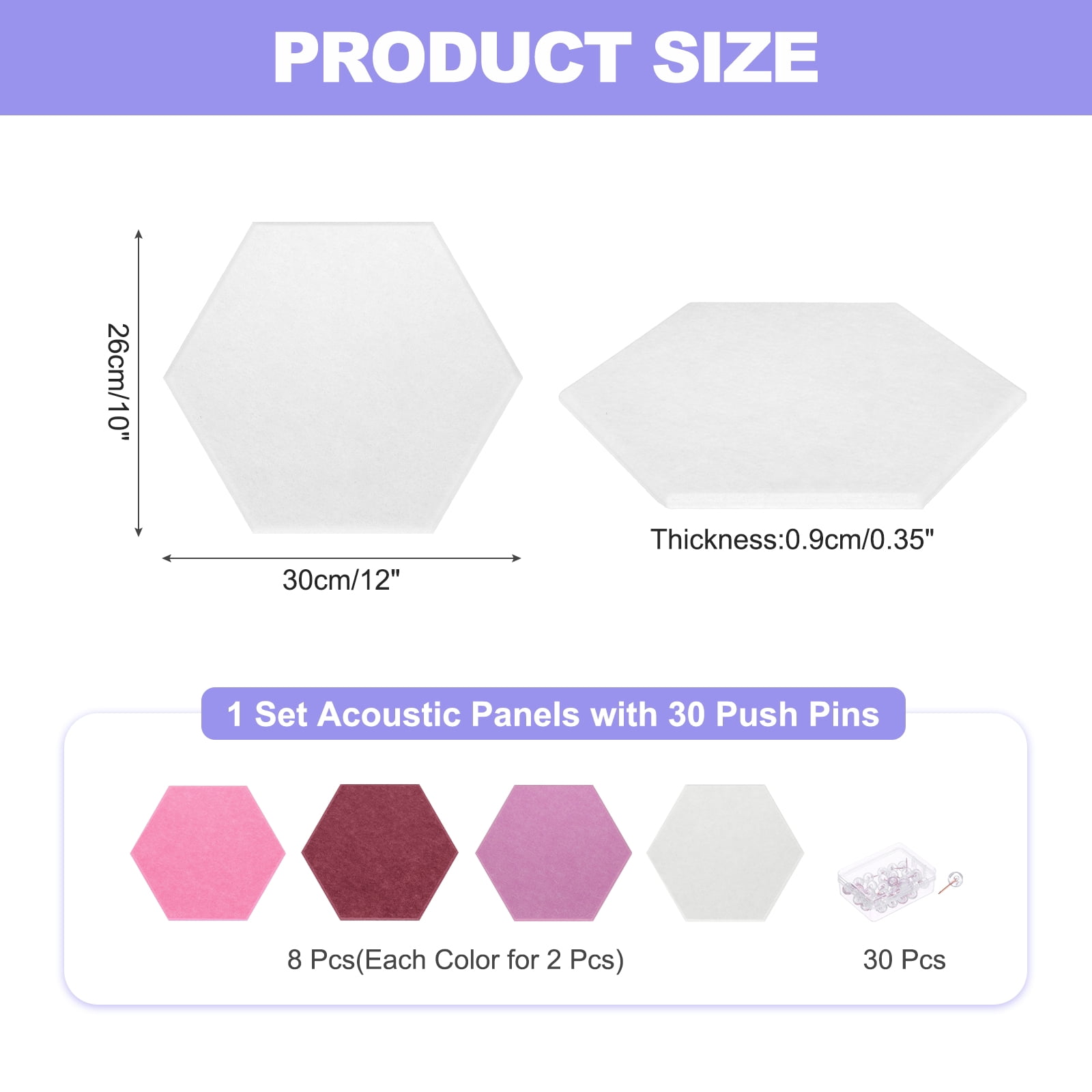 Hexagon Acoustic Panels B1 Fireproof Soundproof Foam Panels with 30 Push Pins(White, Peach Red, Rose Red, Purplish Red)