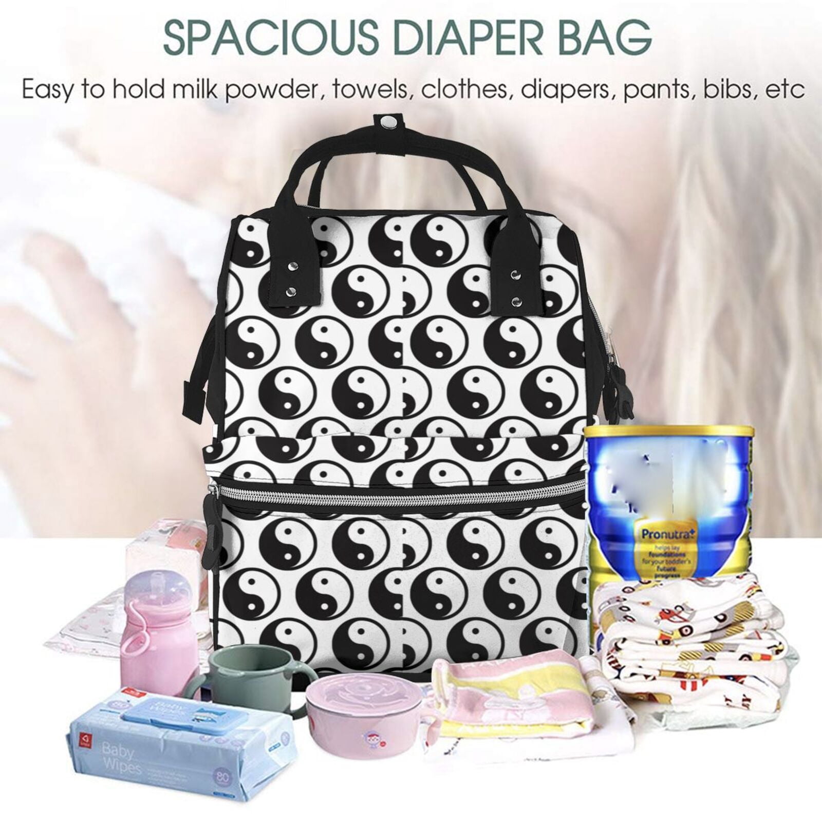 Fuzoiu Yin Yang Print Diaper Bag Backpack,Baby Essentials Travel Tote,Multi function Waterproof Diaper Bag, Travel Essentials Baby Bag - Unisex