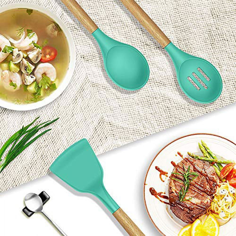 14 Pcs Silicone Cooking Utensils Kitchen Utensil Set - 446°F Heat  Resistant,Turner Tongs, Spatula, Spoon, Brush, Whisk, Wooden Handle Kitchen  Gadgets with Holder for Nonstick Cookware (BPA Free Khaki)