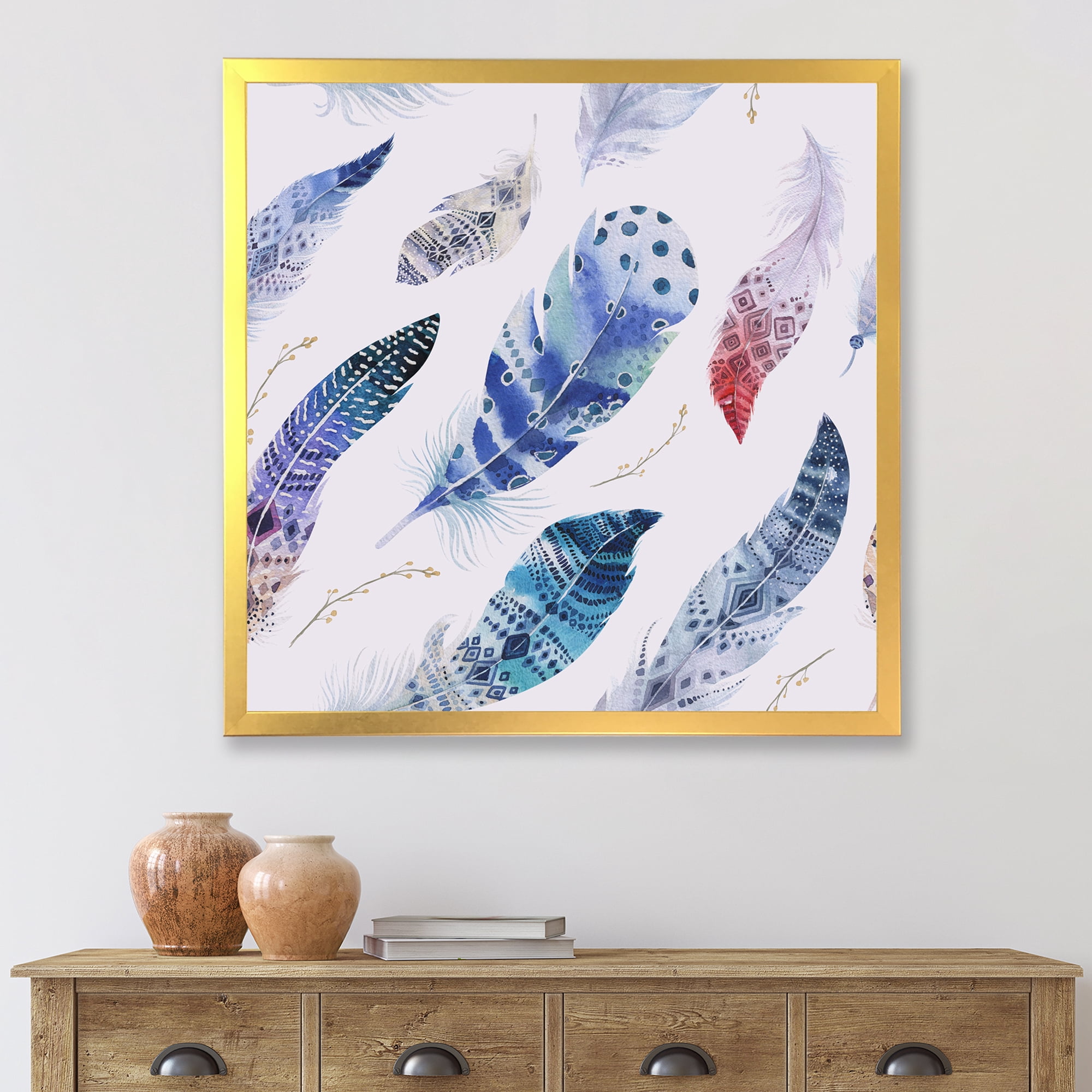Designart 'Elegant Blue Boho Art Feathers' Bohemian & Eclectic Framed Art Print