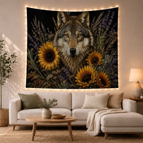 Gray Wolf Portrait with Sunflowers on Black Background, Mystical Boho for Wildlife Enthusiasts, Nature Wall Art Decor, Housewarming Gift, Tapestry Wall Hanging for Living Room and Bedroom