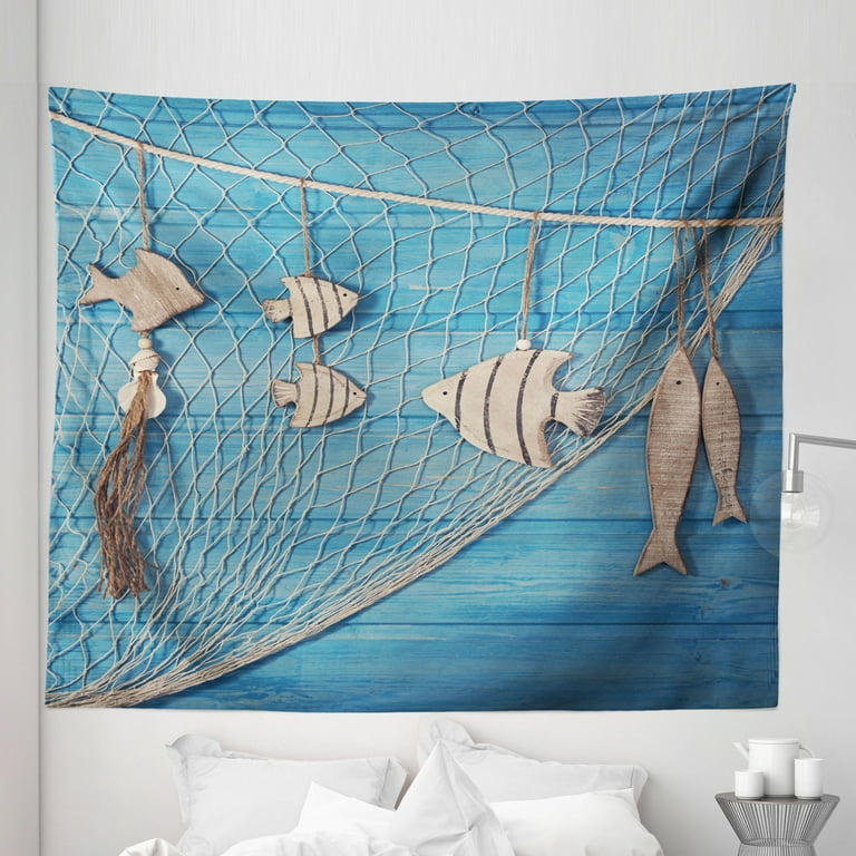Marine Tapestry Nautical Themed Photo of Fishing Net and Hanged Wododen Handcraft Fish Fabric Wall Hanging Decor for Bedroom Living Room Dorm 5 Sizes Beige Sky Blue by Ambesonne Walmart