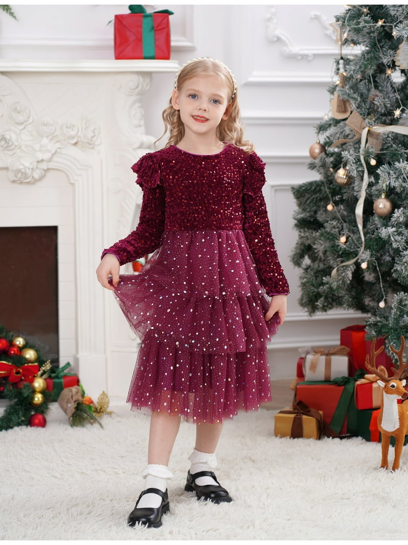 Idopip Toddler Girls Sequins Velvet Tutu Dress Glitter Christmas Tiered Mesh Dress 12-18 Month Wine Red