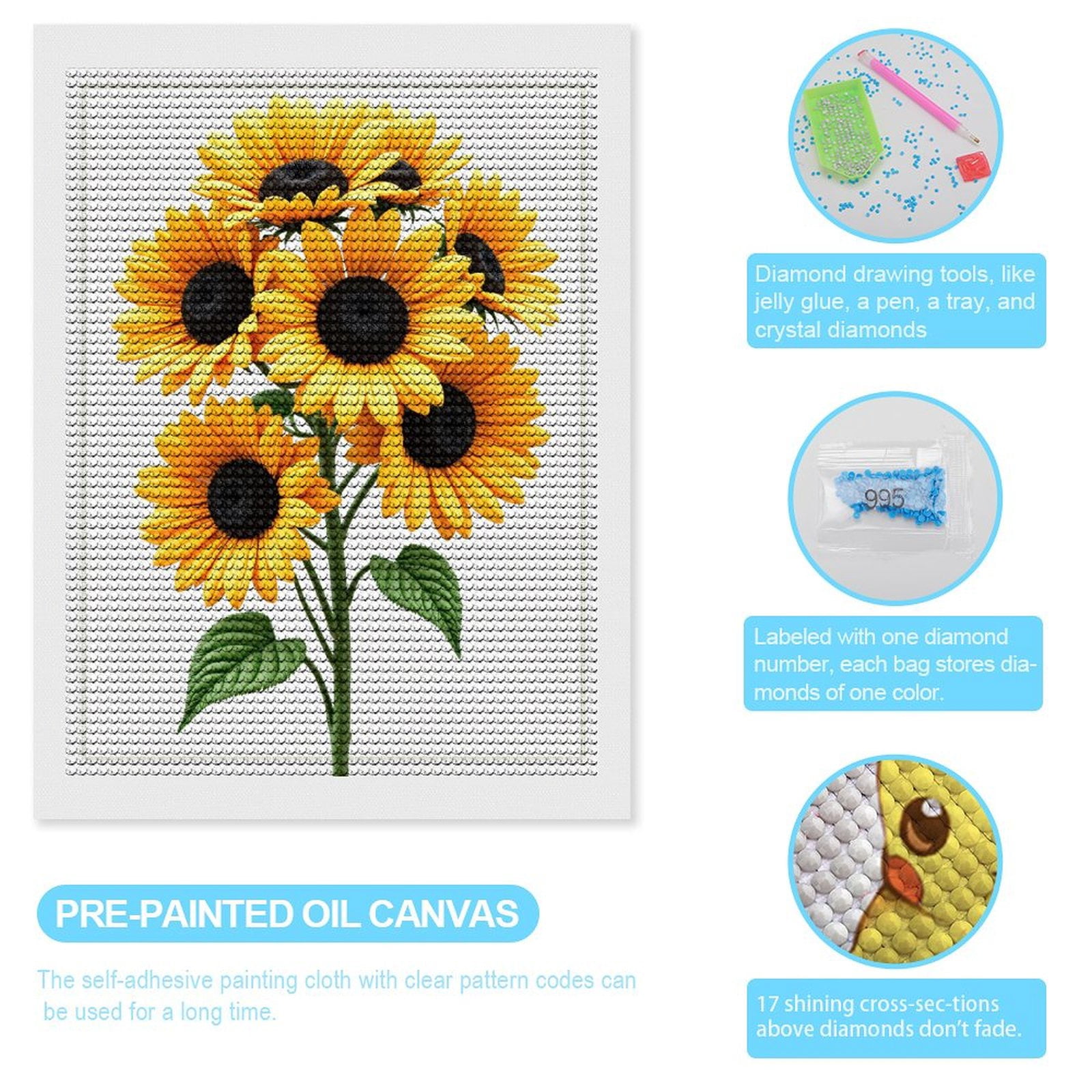 Diamond Art Kits for Adults, Bright Yellow Sunflower Bouquet 5D Diamond Painting Kits for Adults Beginners, DIY Full Drill Diamond Painting, Gem Art and Crafts 12x16