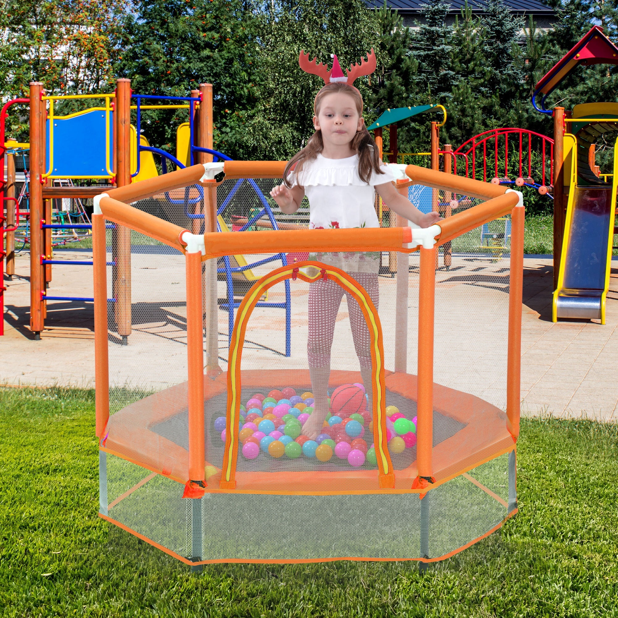 55" Trampoline for Kids, Toddler Trampoline with Safety Enclosure Net and Balls, 66lbs Capacity Indoor Outdoor Mini Trampoline, Easy Assembly, Orange