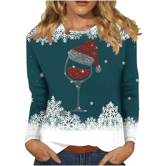 Women's Christmas Shirts Graphic Print Long Sleeve Crewneck Pullover Top Olive Green 5XL