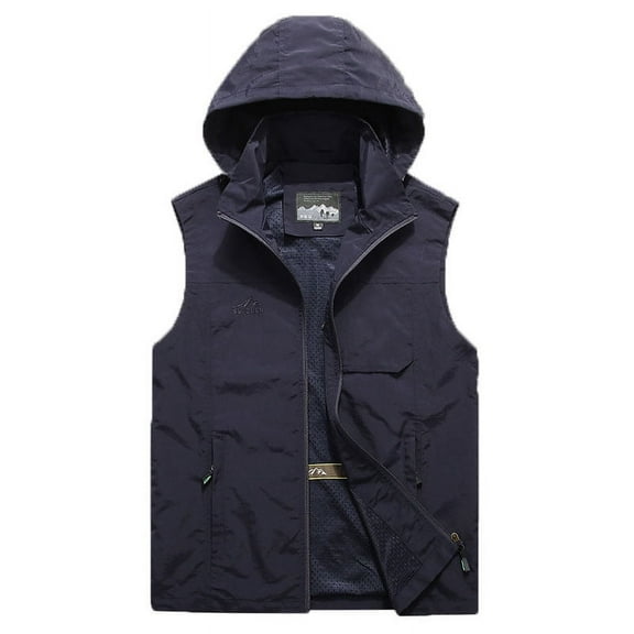 IYTR Men's Outdoor Lightweight Hooded Vest Windproof Water-Resistant Sleeveless Gilet Photography Hiking Travel Vest with Pockets Dark Blue XXL