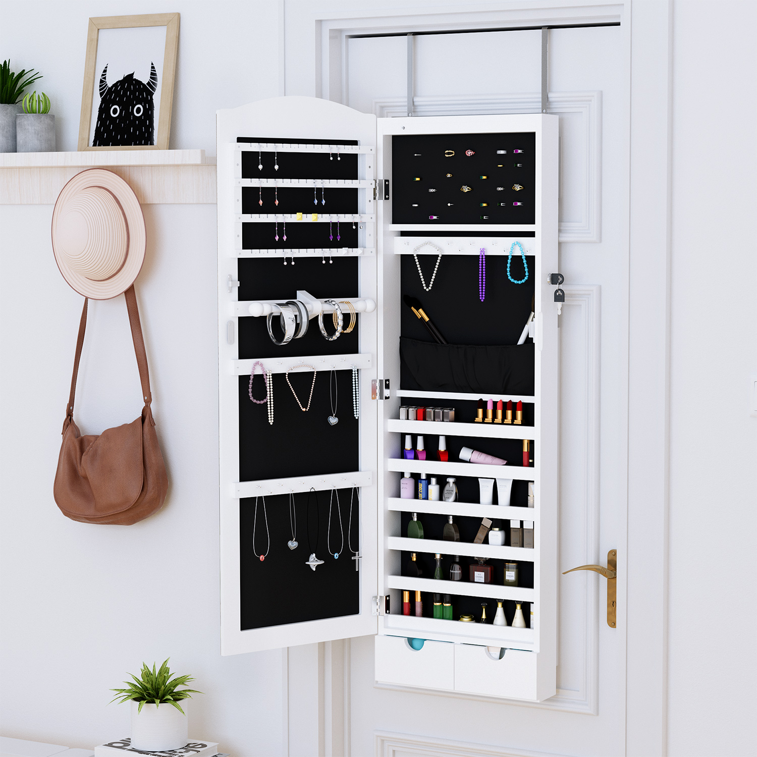 LANGRIA Jewelry Mirror Armoire Stand, Mirrored Hanging Jewelry Cabinet