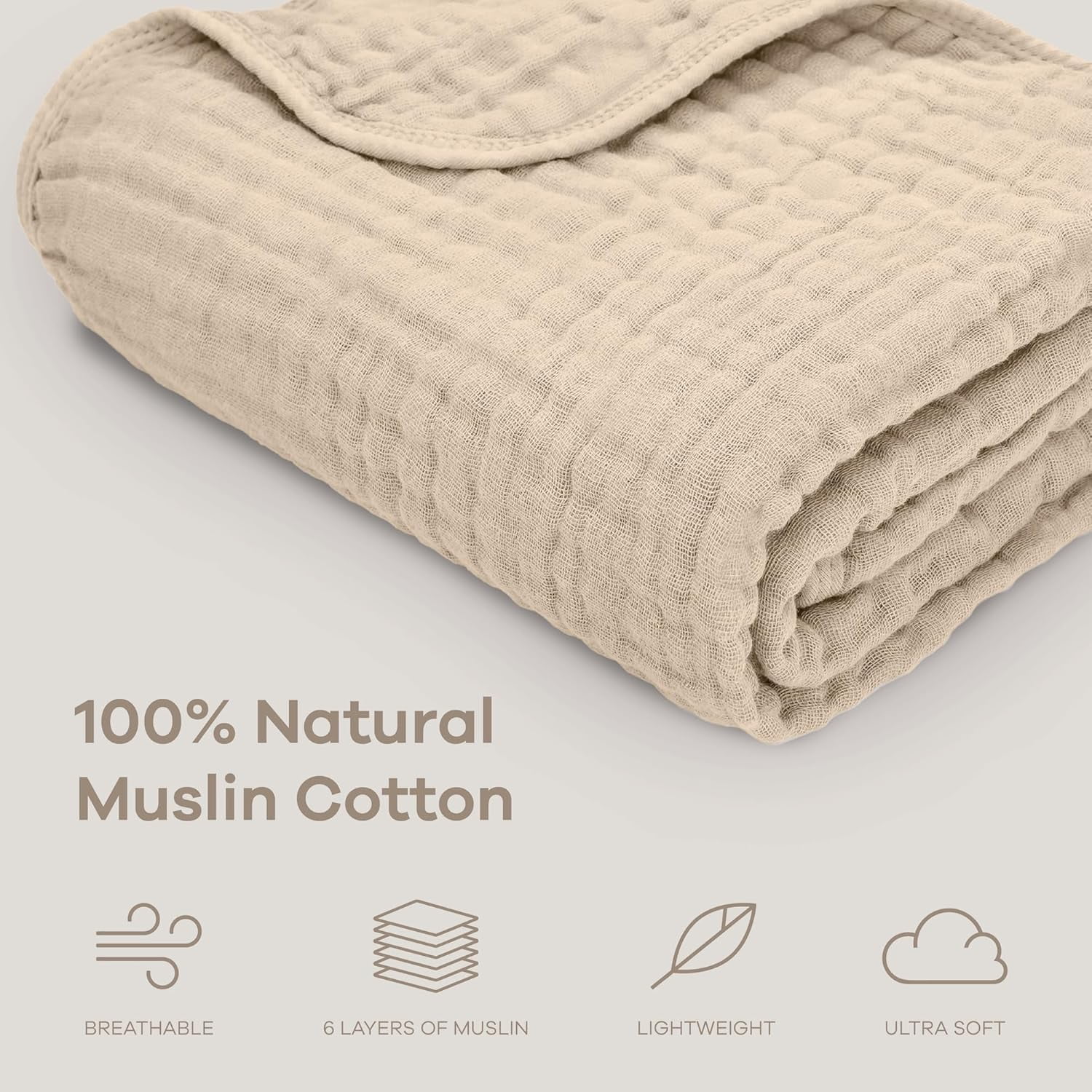 Comfy Cubs Baby Muslin Blanket, Swaddle for Newborns, Large 40” x 40”, 6-Layer (Sand, Baby)